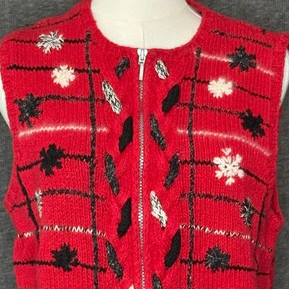 Sigrid Olsen Sport Vintage Embroidered Red Snowflake Zipper Vest Womens Medium - Picture 2 of 12